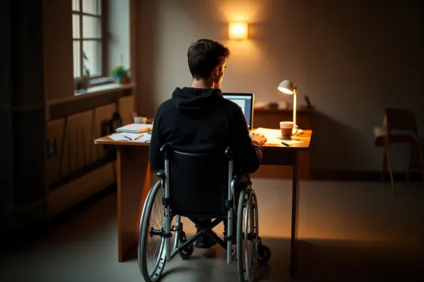 Na zdjęciu osoba z niepełnosprawnością na wózku za biurkiem 