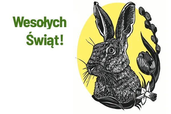 Na zdjęciu litografia przedstawiająca zająca i bazie na żółtym tle w kształcie jajka