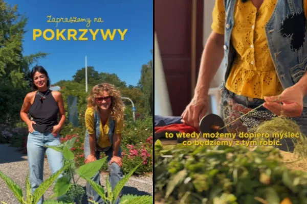 Na zdjęciu połączenie dwóch fotografii - po lewej dwie osoby i pokrzywy, po prawej ręce z wrzecionem nad stosem roślin